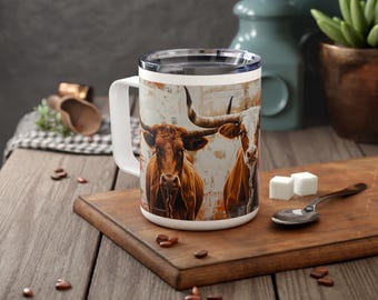 Longhorn Insulated Travel Mug, College Student Sports Fan Cup With Lid, University Alumni Gift Ideas, Texas Love, Home Town Team Spirit