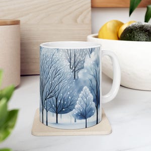 Snowy Winter Trees Large Ceramic Coffee Mug, Cold Holiday Season Decor, White Christmas Forest Nature Art, Cozy Warm Festive Hot Cocoa Cup