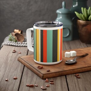 Retro Stripe Pattern Brown Orange Turquoise Yellow Insulted Travel Coffee Mug, Vintage Grungy Lines Cup, Old School Color Travel Kitchenware