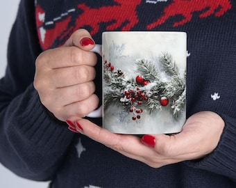 Christmas Holiday Personalized Coffee Mug, Snowy Garland Red Berries Winter Season Cup, Large Hot Cocoa, Cozy Warm Holiday Decor Gift Ideas