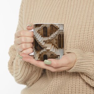 Taza grande de cerámica "Escaleras a ninguna parte", taza de rompecabezas artístico, decoración con ilusiones ópticas estilo MC Escher, artículos festivos con perspectiva extraña