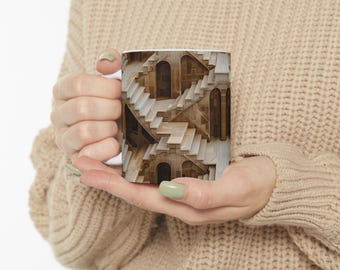 Taza grande de cerámica "Escaleras a ninguna parte", taza de rompecabezas artístico, decoración con ilusiones ópticas estilo MC Escher, artículos festivos con perspectiva extraña
