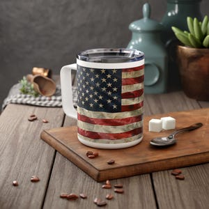 American Flag Insulated Travel Mug, Patriotic America Cup, USA Red White Blue Mug, United States Freedom, Christmas Gift Idea For Parents