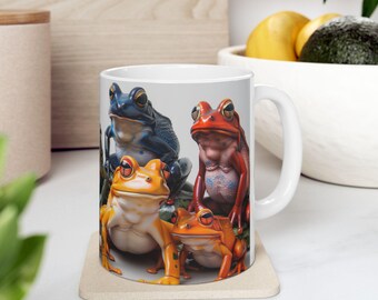 Frogs Colorful Large Ceramic Coffee Mug, Multicolor Froggy Cup, Reptile Enthusiast Kitchen Decor, Outdoors Animal Morning Camping Gear