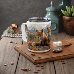 Orange And White Cute Foxes Eating Oranges Insulated Travel Mug, Fox Coffee Cup, Foxy Animals Liquor Mug With Lid, Wild Animals Eating Fruit