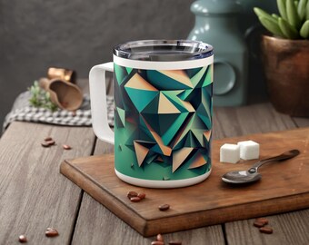 Geometric 3D Abstract Shape Range Dark Insulated Travel Mug, Digital Rendering Triangle Mountains Cup, Colorful Computer Polys Tech Art