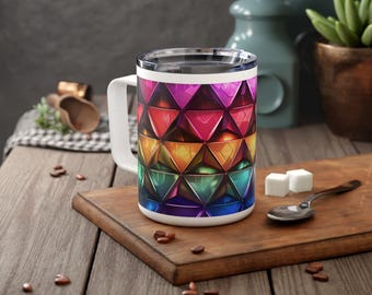 Illuminated Triangles Insulated Travel Mug, Prism Light Shape Cup, Electric Art Mug, Pretty Glowing Mug, Colorful LED Lights Cup, Unique Mug