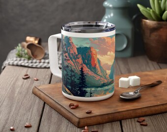Cliffside Lake Mountain Landscape Insulated Travel Mug, Vintage Parks Poster Coffee Cup, Sunset View & Scenic Nature Lover, Painted Nature