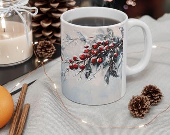 Taza de café navideña con guirnalda nevada, bayas de acebo congeladas, taza grande de cerámica con diseño de árbol de Navidad de invierno, regalo de decoración acogedor.