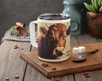 Wow-how-now-wow, how now, Brown cow? Insulated Travel Mug, Lyric Art Cup, Hiphop Music, Farm Animal Cup, Birthday Gift For Friend Or Family
