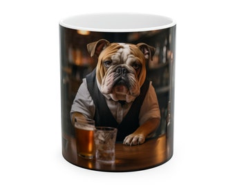 Bulldog Bartender Mug, Dogs Mug, Bar Mug, Liquor Mug, Animals Mug, Bulldogs, Puppies, Gift Idea, Gift For Grandpa, Gift For Girlfriend