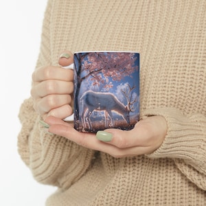 White Deer In The Pink Forest Mug, Winter Mug, Deer Mug, Animal Mug, Nature Mug, Cherry Blossom Trees, Gift Ideas, Gift For Him,Gift For Her