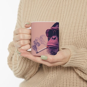 Party Monkey Coffee Cup, Animal Drinkware with Monkeys Wearing Glasses and Smoking, Quirky Ceramic 15oz Mug, Funny Office  Gift