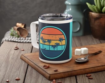 Genießen Sie Jeder Sonnenuntergang Thermobecher, Retro Strand Vibes Kaffeetasse, Bunter Vintage Sonnenaufgang Surfer Geschenk, Palmen Siebziger Ära Groovy