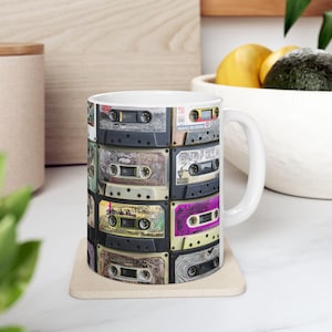 Cassette Mix Tapes Coffee Mug, Retro Audio Recording Decks Cup, 90's Music, Vintage Old School Hip Hop Memorabilia, Graffiti Decor