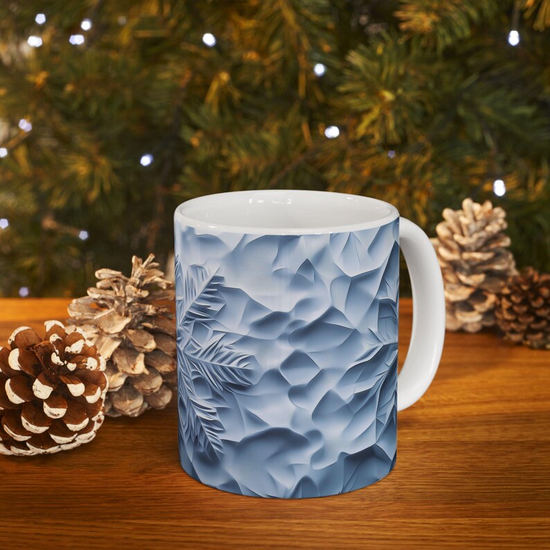 Taza de café con diseño de escultura de hielo de copo de nieve congelado, taza grande de cerámica con temática de invierno nevado, decoración artística navideña. imagen 8