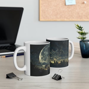 Kolossal månesilhuett kaffemugg, rymdgalaxmugg, astronaut rymdskepp, främmande planeter, meteorer, asteroider, natthimmel presentidé, sci-fi-konst