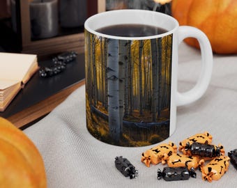 Colorado Aspen Trees Large Ceramic Coffee Mug, Fall Nature Scene Cup, Warm Fireplace Cozy Drinkware, Serene Forest Views With Friends