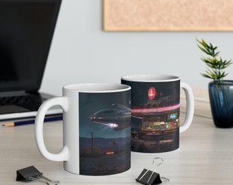 UFO-Stops im Diner am Straßenrand in der Wüste Kaffeetasse, Space Galaxy Sci Fi Tasse, Astronaut und Alien-Raumschiff New Mexico, Fliegende Untertassen-Getränk