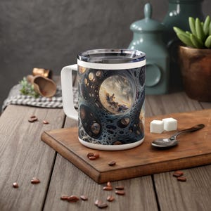 May include: White ceramic mug with a black and blue abstract design. The design features a circular opening with a cloudy sky and a landscape inside. The mug has a handle on the left side.