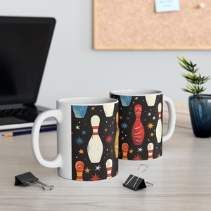 Galaxy Bowling Mug, Retro Stars Design, Sports Fan Gift, Strikes Coffee Cup, Perfect for Bowling Alley, Gift for Him & Her, Bowling Pins