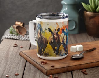 Painted Rhinos Running In The Wild Abstract Insulated Travel Mug With Lid, Wild Animal Art Coffee Cup, African Rhinoceros Colorful Painting