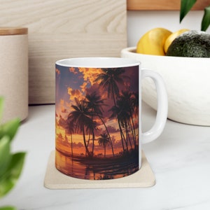 Kubek Caribbean Beach Sunrise, Kubek plażowy, Kubek wakacyjny, Fala oceaniczna, Zachód słońca, Kubek palmowy, Kawa, Herbata, Pomysł na prezent, Prezent dla niej, Prezent dla niego