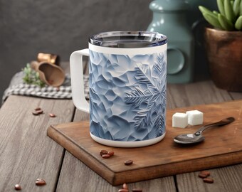 Frozen Snowflake Ice Sculpture Design Insulated Travel Mug, Snowy Winter Christmas Holiday Season Artsy Hot Chocolate Cup, Gift Idea For Mom