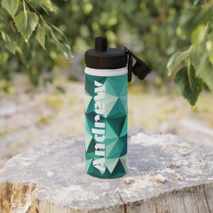 Personalized Insulated Water Bottle With Strap, Custom Name Reusable Travel Tumbler, Green Geometric Abstract 3D Block Design