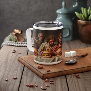 The Last Dinner Cheeseburger And French Fries Christian Comedy Insulated Travel Mug, The Last Supper Bible Story Cup, Religious Jesus Comedy