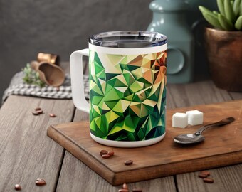 Geometric 3D Abstract Shape Range Light Insulated Travel Mug, Digital Rendering Triangle Mountains Cup, Colorful Computer Polys Tech Art