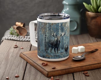 Moose Family In The Blue Forest Insulated Travel Mug With Lid, Winter Animals Nature Coffee Cup, Moose Woods Cocktail Tumbler Party Cup