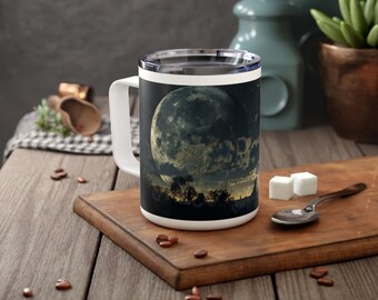 Geïsoleerde reismok kolossale maan skyline, Space Galaxy Cup, astronaut ruimteschepen, buitenaardse planeten, meteoren, asteroïden, cadeau-ideeën nachtelijke hemel