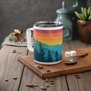 Gay Pride Mountain Sunset Insulated Travel Mug, Pride Cup, LGBTQ Mug, Cool Queer Mug Design, Gift For Gay Friend, Gift For Lesbian Friend