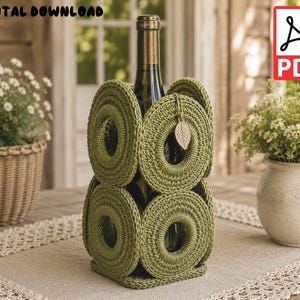 May include: A green crochet wine bottle holder featuring a circular, ring-like pattern construction. The holder includes a small, metallic leaf-shaped charm attached to the upper section. The text DIGITAL DOWNLOAD and a PDF icon are visible.