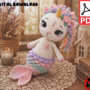 May include: A crochet amigurumi doll featuring a cream-colored unicorn head with a gold horn, large dark eyes, and a pastel rainbow mane adorned with small flowers. The doll has a mermaid tail with layered scales in pink, blue, and purple.