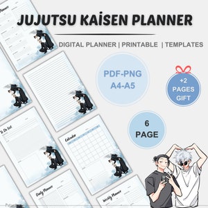 May include: A digital planner featuring characters from the anime Jujutsu Kaisen. The planner includes pages for daily, weekly, and monthly planning, as well as a to-do list and lined paper. The planner is available in PDF and PNG formats and is printable in A4 or A5 sizes. The planner comes with a bonus gift of two extra pages.