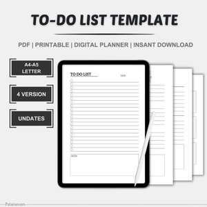 To Do List Template, Daily To Do List, Printable Digital Planner, 4 Versions, Instant Download, PDF / A4-A5-Letter