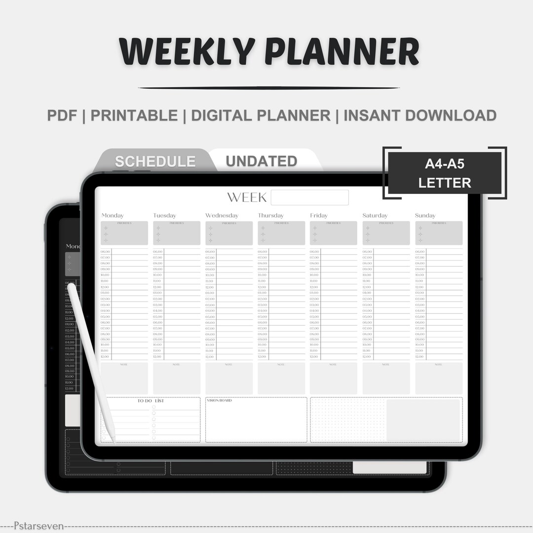 Undated Weekly Planner Printable: A4 A5 Letter Sizes (PDF Download - Etsy