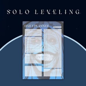 以下が含まれることがあります： 「ソロレベルアップ」のアニメキャラクターが表紙に描かれた青と白のデイリープランナー。プランナーには、「トップ3優先事項」、「やることリスト」、「今日の目標」、「メモ」、「明日」のセクションがあります。