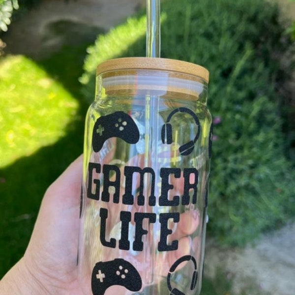 Gamer Life Ice Coffee Cup, Teenage Boy Gift, Trendy Teen Mug, Glazen beker met naam, Friends Gaming