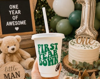 First Year Down Football Cup, Personalized Birthday Party Favor, Reusable Sports Drinkware