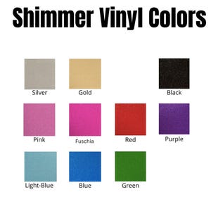 K&ouml;nnte beinhalten: Farbtabelle mit schimmerndem Vinyl in Silber, Gold, Schwarz, Pink, Fuchsia, Rot, Lila, Hellblau, Blau und Gr&uuml;n. Der Text oben lautet "Shimmer Vinyl Colors."