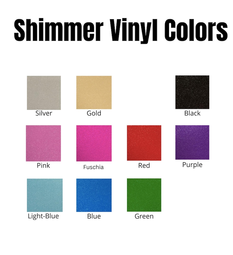 K&ouml;nnte beinhalten: Farbtabelle mit schimmerndem Vinyl in Silber, Gold, Schwarz, Pink, Fuchsia, Rot, Lila, Hellblau, Blau und Gr&uuml;n. Der Text oben lautet "Shimmer Vinyl Colors."