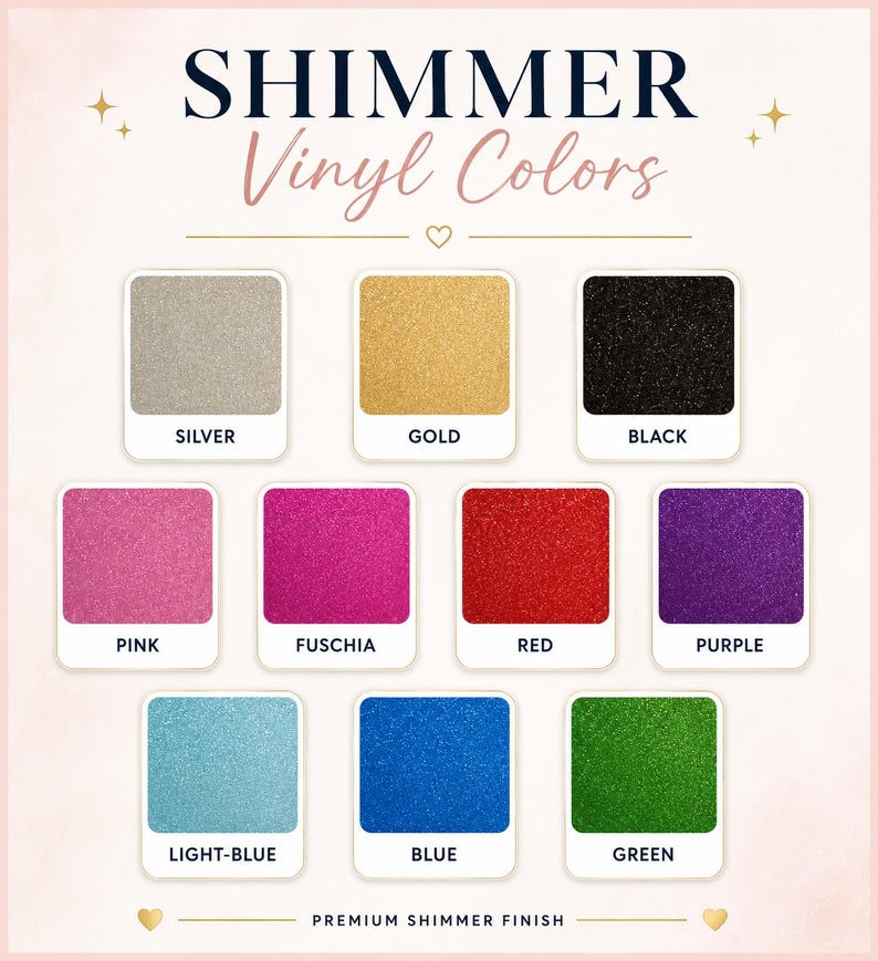 K&ouml;nnte beinhalten: Eine Farbkarte mit dem Titel SHIMMER Vinyl Colors, die elf quadratische Farbmuster mit einer hochwertigen Schimmer-Oberfl&auml;che zeigt. Die Farben umfassen Silber, Gold, Schwarz, Pink, Fuchsia, Rot, Lila, Hellblau, Blau und Gr&uuml;n, jeweils beschriftet.