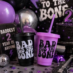 Bad Two The Bone 2nd Birthday Party Cups, party cup custom, Kids Party Favor, Kids Tumbler with Lid and Straw, Skelton Theme Party Decor Bild 1