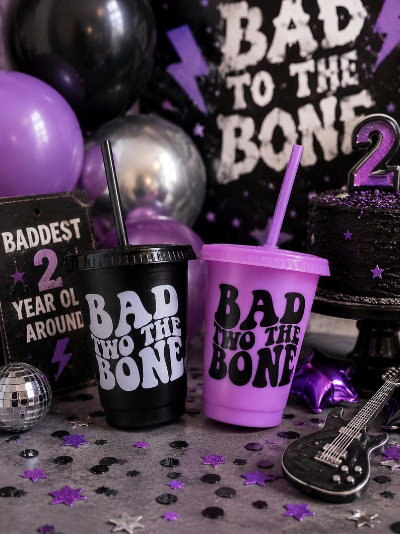 Bad Two The Bone 2nd Birthday Party Cups, party cup custom, Kids Party Favor, Kids Tumbler with Lid and Straw, Skelton Theme Party Decor Bild 1