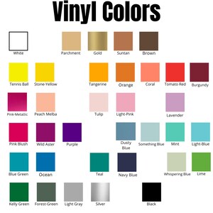 K&ouml;nnte beinhalten: Eine Farbkarte mit dem Titel "Vinyl Colors" zeigt eine Vielzahl von Vinylfarben. Die Karte enth&auml;lt Farben wie Wei&szlig;, Gold, Braun, Orange, Koralle und Schwarz. Die Karte soll die verf&uuml;gbaren Vinylfarben pr&auml;sentieren.