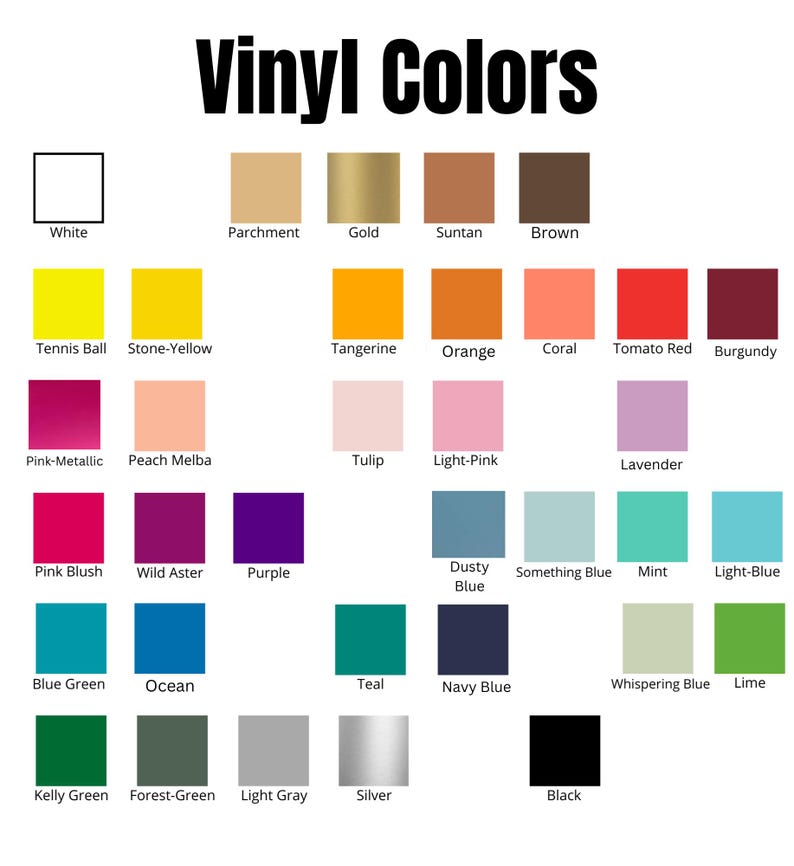 K&ouml;nnte beinhalten: Eine Farbkarte mit dem Titel "Vinyl Colors" zeigt eine Vielzahl von Vinylfarben. Die Karte enth&auml;lt Farben wie Wei&szlig;, Gold, Braun, Orange, Koralle und Schwarz. Die Karte soll die verf&uuml;gbaren Vinylfarben pr&auml;sentieren.