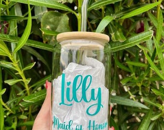 Personalized Glass Cup with Lid and Straw, Custom Iced Coffee Cup, Beer Tumbler, Bridesmaids Gifts, Bridesmaid Proposal, Bridesmaid Tumbler